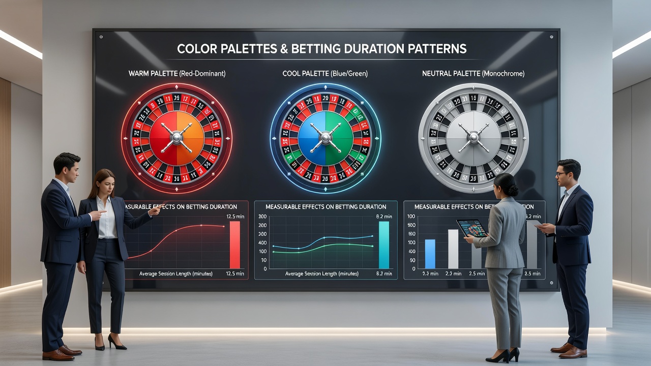 Split view of virtual roulette screens comparing cool blue-silver palette against warm red-gold palette and resulting player retention metrics