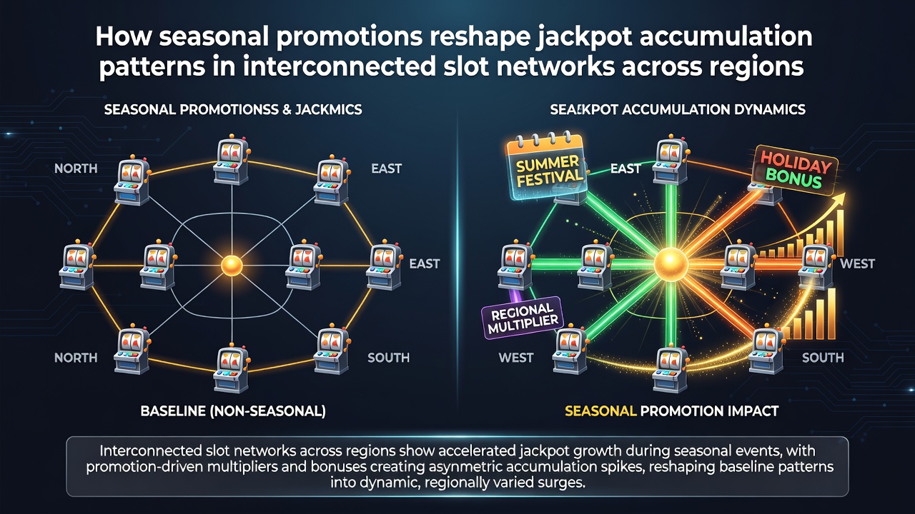 Interconnected slot network visualization showing jackpot pools across multiple regions during seasonal promotions