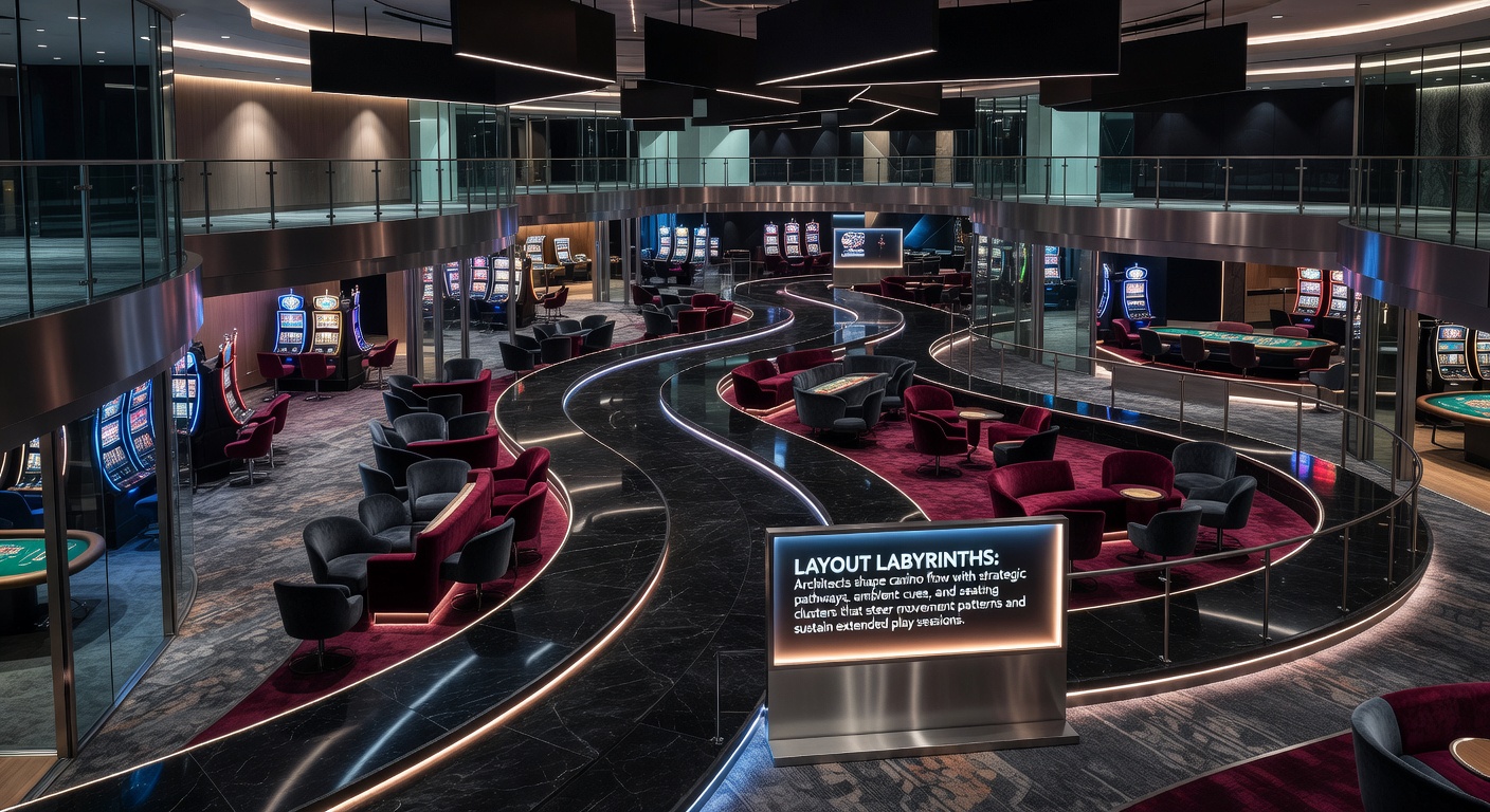 Casino floor layout showing strategic pathways and ambient lighting designed to guide player movement through gaming areas