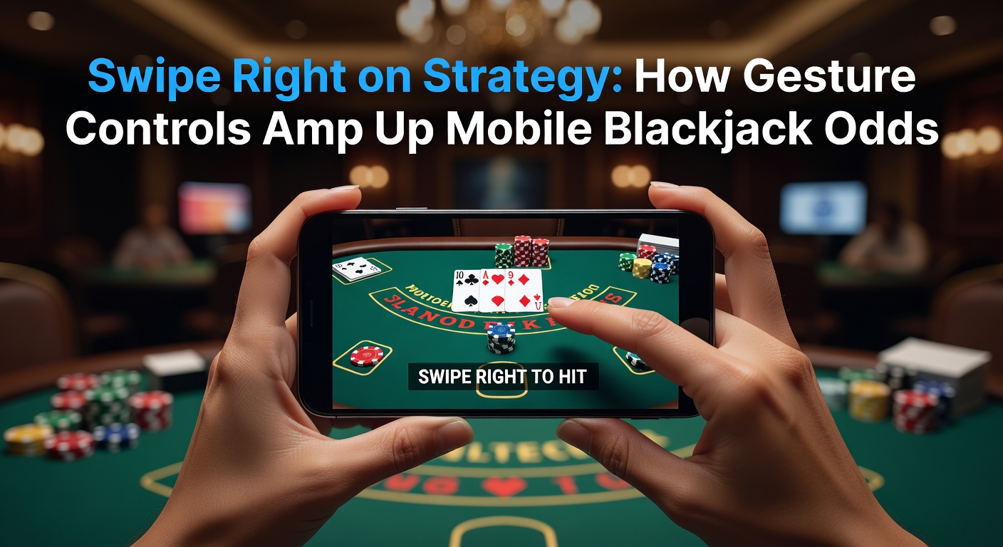 A mobile phone screen displaying a blackjack game with gesture swipe indicators highlighting strategic moves like split and double down