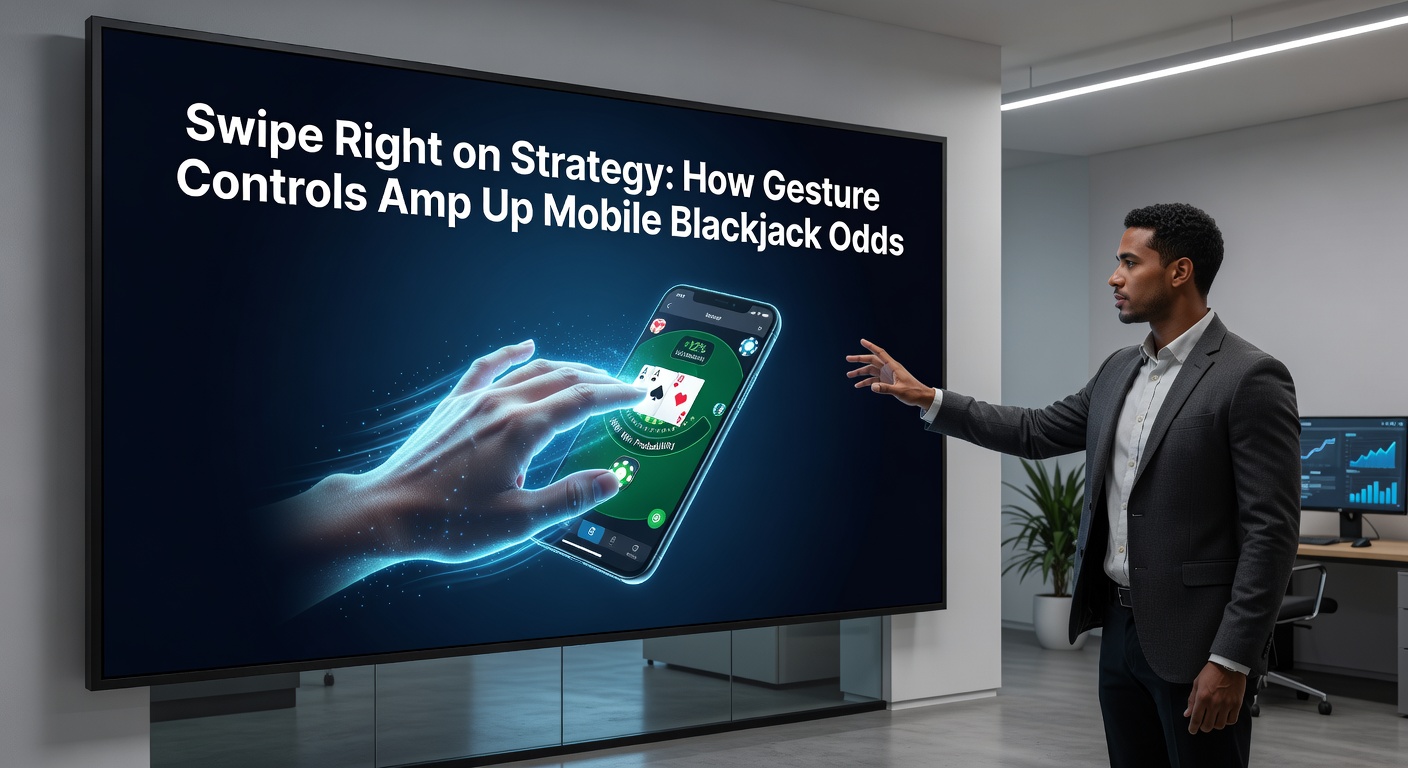 Close-up of fingers performing swipe gestures on a blackjack app interface, with overlaid probability charts showing improved odds